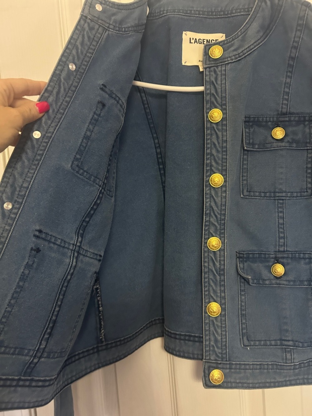 L'AGENCE Blue Jean Jacket with Gold Buttons size large womens - Picture 7 of 16